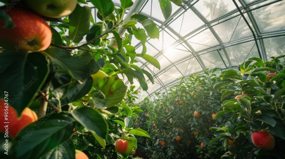 Poster Sunlight filters through a greenhouse, illuminating rows of apple trees heavy with ripe fruit.