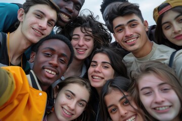 Fototapeta premium A group of young people are smiling for a picture. Scene is happy and friendly