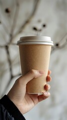 A person is holding a cup with a brown lid and a white top