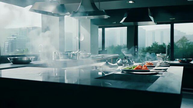 	
Design of a professional kitchen for a restaurant or cafe. Metal table. Kitchen equipment for catering. Cooking space.	
