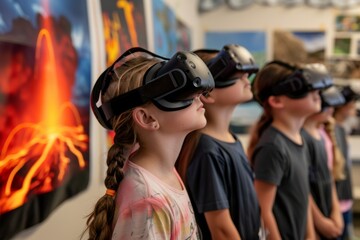 Elementary Students Using VR Headsets for Virtual Volcano Tour in Educational Classroom Setting