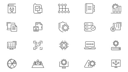 Operations management line icon set. Logistics, supply chain, time, project management, optimization, achieve, process, preferences, manager, organization outline icon collection. Ui thin icon pack.