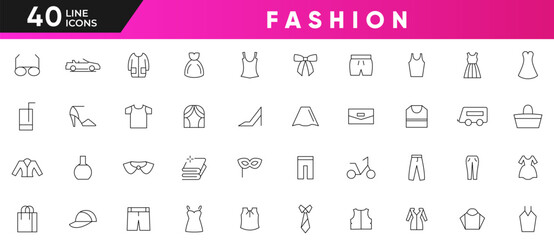 Fashion line icon set. containing tailor, accessories, dress, hoody, pullover, bath suit jacket pants, skirt, jacket, evening dress, cardigan Outline icon collection. UI thin icon pack.