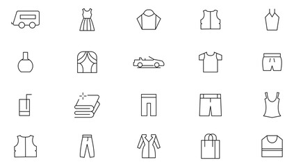 Fototapeta premium Fashion line icon set. containing tailor, accessories, dress, hoody, pullover, bath suit jacket pants, skirt, jacket, evening dress, cardigan Outline icon collection. UI thin icon pack.