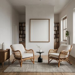 Modern bright interior with empty frame . 3D rendering
