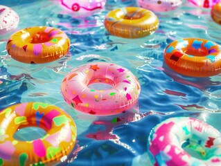 Fototapeta premium A bunch of colorful inflatable donuts float in a pool. The pool is filled with water and the donuts are scattered throughout the water. The scene is playful and fun