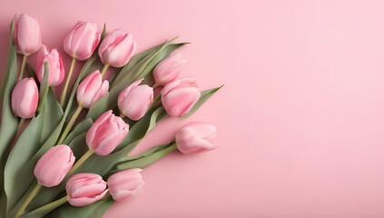 Fototapeta premium Beautiful composition spring flowers. Bouquet of pink tulips flowers on pastel pink background. Valentine's Day, Easter, Birthday, Happy Women's Day, Mother's Day,Generative AI