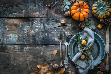 Rustic Autumnal Table Setting with Pumpkins and Silverware