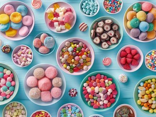 Fototapeta premium A colorful assortment of candies and sweets are displayed in bowls on a table. The variety of colors and shapes create a playful and inviting atmosphere