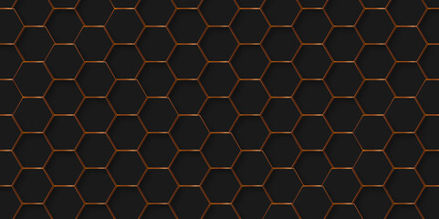 seamless pattern with hexagons honeycomb texture black cube gold line bee background.