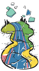 colorful vector illustration depicts shattered perfume bottle concept, fragmented glass pieces float around scent bottle, suggesting dropped broken fragrance container. Bold lines bright colors give