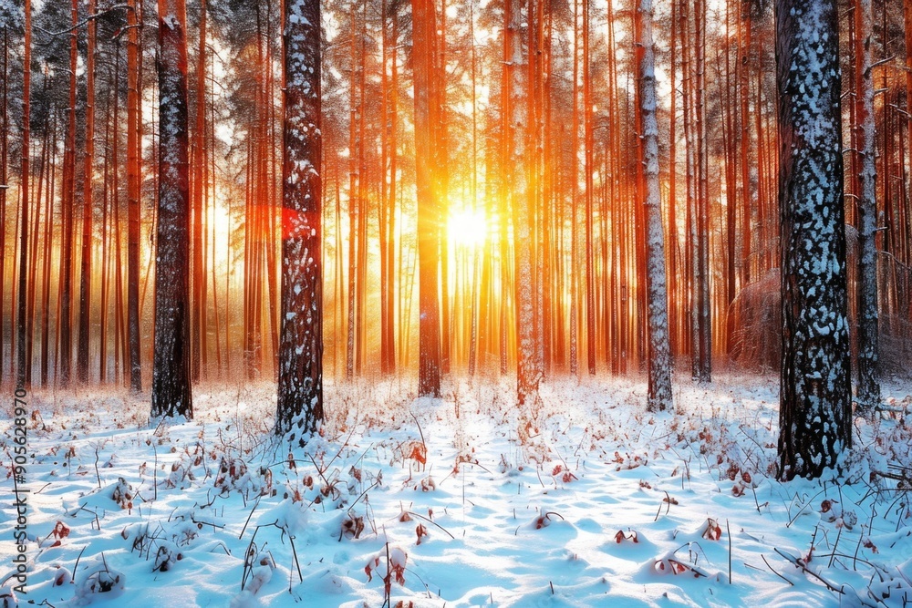 Sticker a forest with snow on the ground and a sun shining through the trees. the sun is setting, casting a 