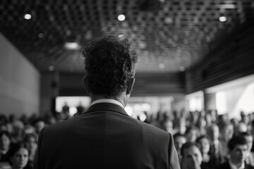 Fototapeta premium A man stands in front of a crowd, giving a speech. The audience is packed in, and the man is dressed in a suit. Scene is serious and formal