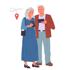 Elderly couple using GPS navigation map in mobile app. Senior man and woman holding smartphones, happy aged grandmother and grandfather characters using cellphone to travel cartoon vector illustration