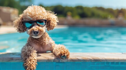 A dog wearing sunglasses is sitting on a pool deck
