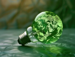 A green light bulb with a globe on top of it. The globe is made of a green material and has a planet on it