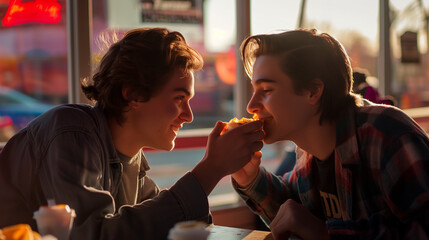 Two young friends share a lighthearted moment while enjoying food together in a warm caf atmosphere