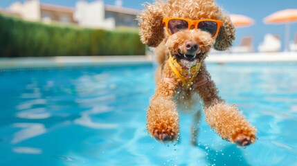 A dog is jumping into a pool wearing sunglasses and a yellow bandana