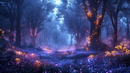 Eco-Friendly Forest with Bioluminescent Trees and Holographic Elements for a Futuristic Adventure