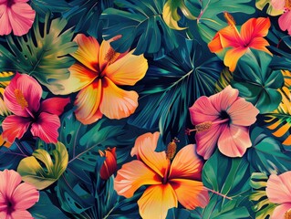 A colorful tropical flower pattern with pink, yellow, and orange flowers. The flowers are surrounded by green leaves and vines. Scene is bright and cheerful, with a sense of warmth and happiness