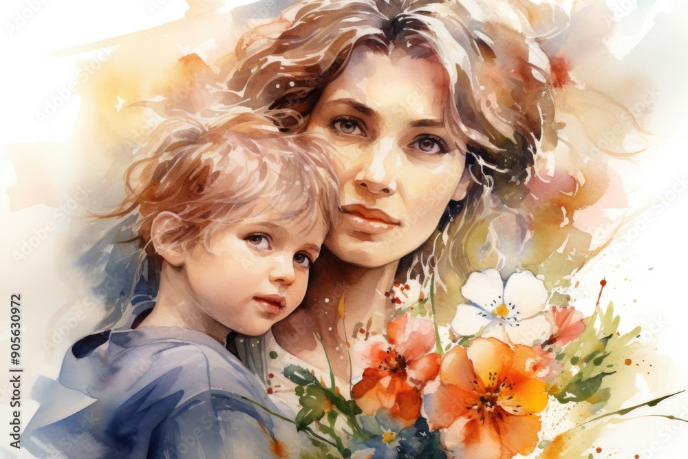 Wall mural a woman and a child are holding flowers. concept of warmth and love between the mother and child