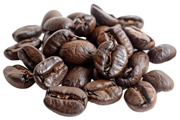 A pile of coffee beans with the beans spread out on a white background. The beans are of different sizes and shapes, and they are all brown in color. Concept of warmth and comfort