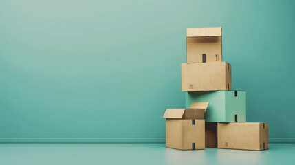 Fototapeta premium neatly stack pile of cardboard boxes on a plain colorful background