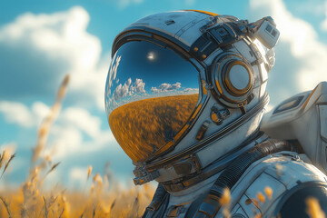 An astronaut stands in the middle of a wheat field in America, with the golden crops reflected in the helmet against a sunny blue sky