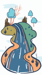 Handdrawn cartoon river landscape, blue water flowing through green fields. Whimsical style illustration trees, reeds, river path. Bright colors depicting nature scene artwork designed children