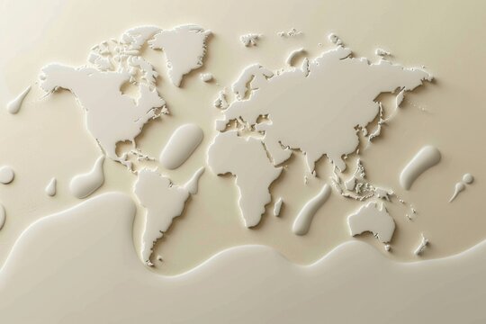 A white and grey world map with a blue ocean. The map is made of a white substance that looks like paint