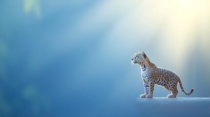 Fototapeta premium A young jaguar stands on a rock, gazing out at the blue sky.