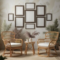 Modern bright interior with empty frame . 3D rendering
