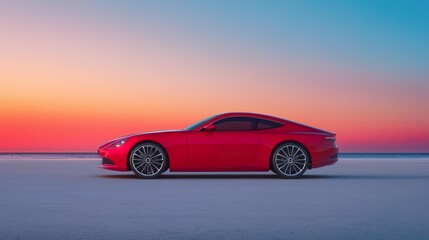 Obraz premium Red sports car parked on a beach at sunset.
