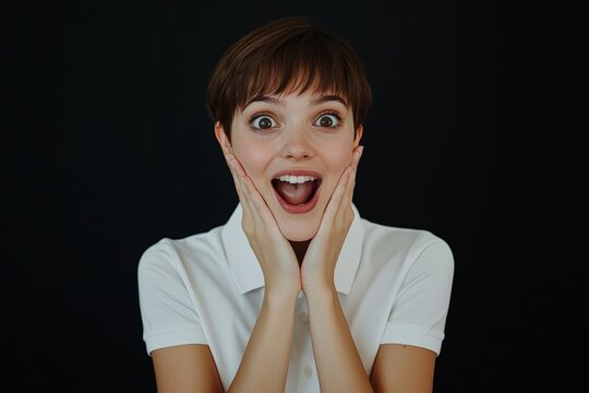 happy surprised woman with a short haircut an her hands on her cheeks on black studio background