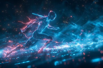 Human Runner Athlete with Digital Wireframe and Neon Light Background, a Fusion of Sport and Technology
