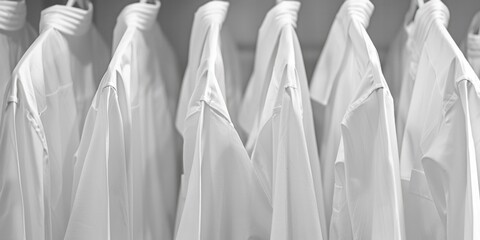 A row of white shirts hanging in a closet. The shirts are all the same color and are neatly folded. Concept of order and organization, as the shirts are arranged in a neat and orderly manner
