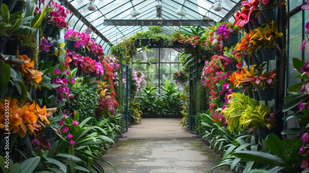 Aufkleber A colorful array of orchids fills the greenhouse, creating a stunning pathway lined with lush foliage and vibrant blooms.
