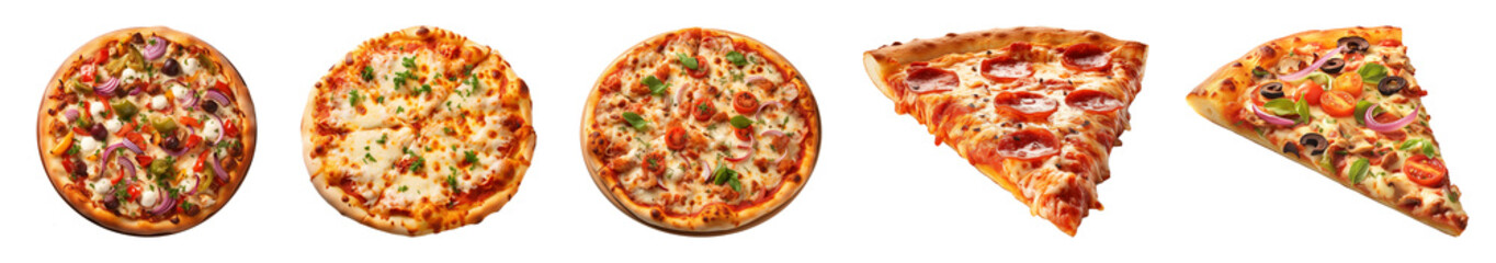 Set of gourmet vegetarian pizzas and slices. Fresh out of oven.