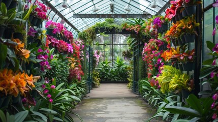Naklejka premium A colorful array of orchids fills the greenhouse, creating a stunning pathway lined with lush foliage and vibrant blooms.
