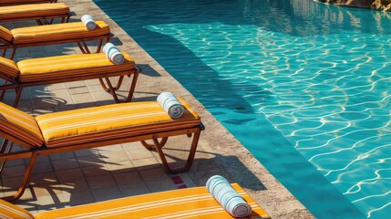 Fototapeta premium Sun loungers by the swimming pool with clean water. AI generated.