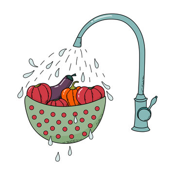 vegetables washing in colander under faucet clip art preview