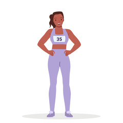 Female athlete standing in confident athletic pose. Young cute sporty woman wearing gym clothes to work out, portrait of smiling lady in sportswear for healthy training cartoon vector illustration