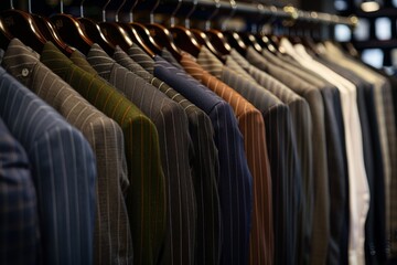 Fototapeta premium Diverse Collection of Men's Suits in Vibrant Colors and Patterns, Featuring a Black Pinstripe Jacket and White Shirt Displayed on a Rack in Front of an Office.