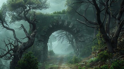 An old, overgrown stone tunnel, its entrance flanked by twisted, gnarled trees, leading into a dense, impenetrable fog that seems to whisper ancient secrets.