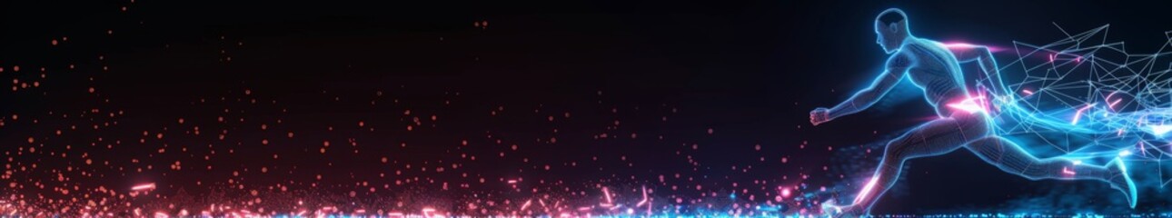 Human Runner Athlete with Digital Wireframe and Neon Light Background, a Fusion of Sport and Technology