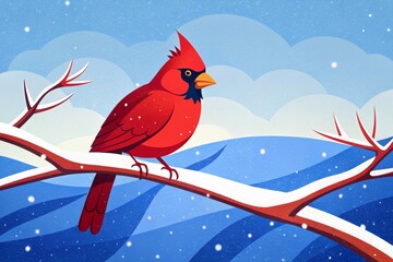 Elegant cardinal perched on a branch amidst a winter wonderland landscape