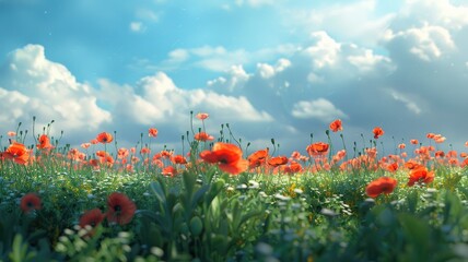 A vibrant meadow filled with red poppies under a bright blue sky with fluffy white clouds.