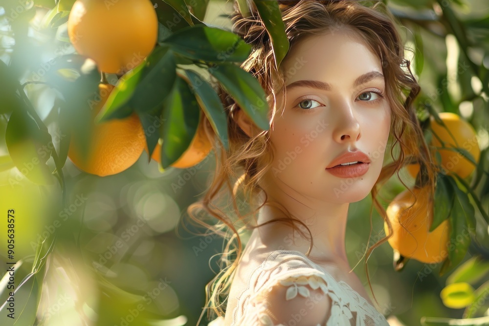 Sticker A Woman with Red Hair Posing in a Citrus Grove