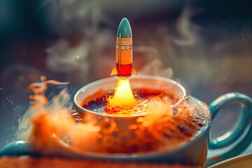 A rocket is flying out of a cup of coffee