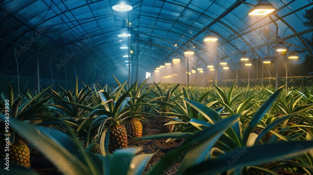 Poster Rows of pineapples thrive in a greenhouse illuminated by artificial lights, creating a serene atmosphere in the evening.